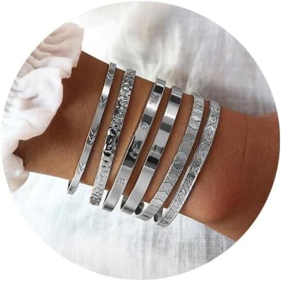 6 Silver Bangle Bracelets for Women, Multi Layer Stackable Cuff Bracelet Set, - Picture 1 of 8